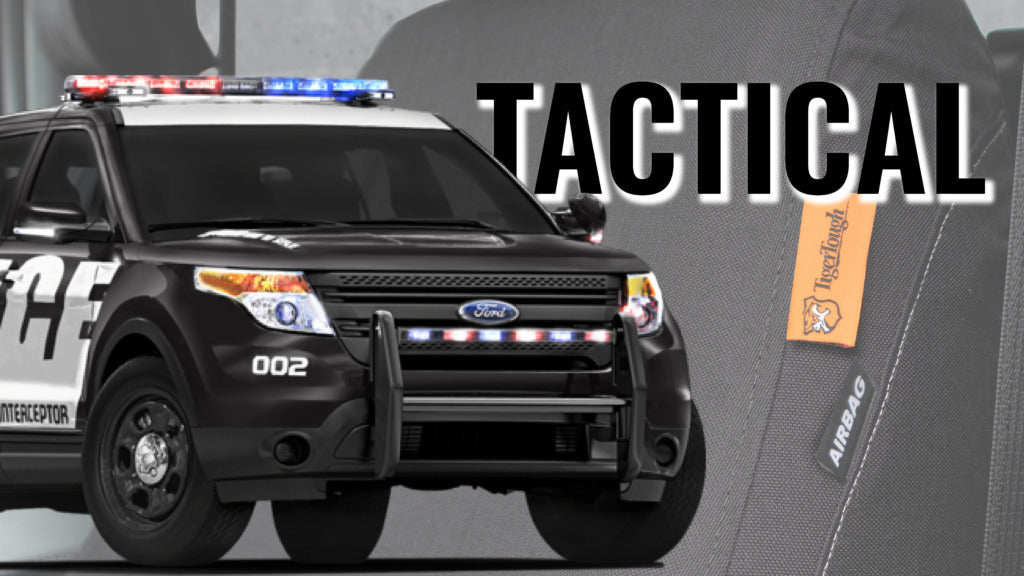 Police vehichle shown in front of a tactical seat cover