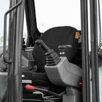 TigerTough Seat Cover E82250 on a Bobcat mini excavator. The seat cover in this picture is black.