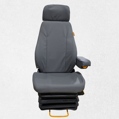 Front of Komatsu wheel loader seat with gray TigerTough seat cover