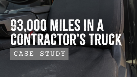 photo of a truck interior with text on top reading: 93,000 miles in a contractor's truck