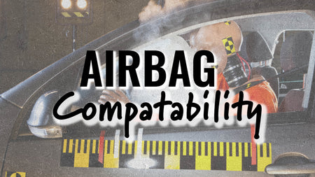 Crash dummy in a car with the words airbag compatibility across the top