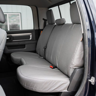 TigerTough seat covers installed on the rear seat of a RAM truck with a full bench.