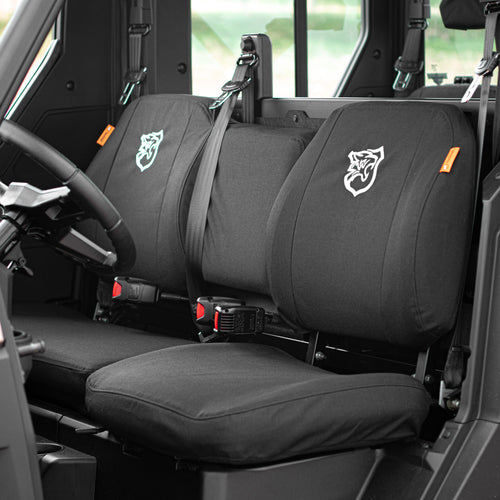 Black TigerTough seat covers in a Polaris Ranger side-by-side. Each cover is backed by a lifetime unconditional warranty.