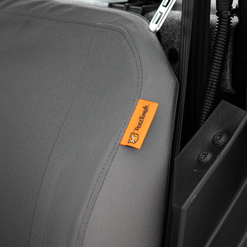A close-up of the TigerTough tag on the side of the seat cover. 