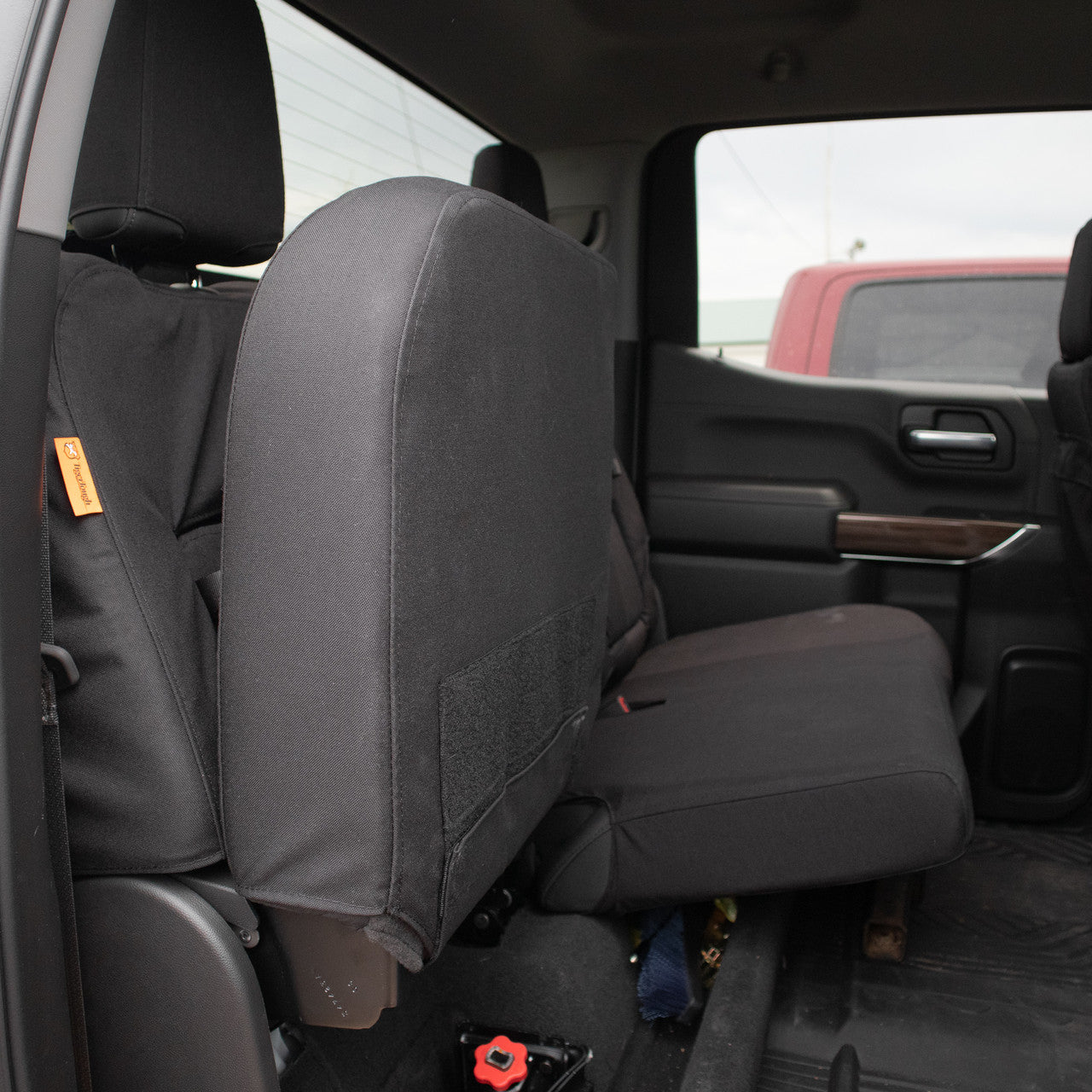 2021 Chevy Silverado Rear Seat with Black Ironweave TigerTough seat covers.