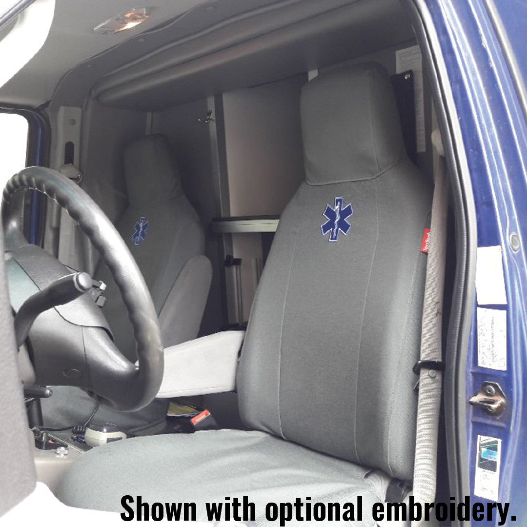 Ford van bucket seats with gray TigerTough seat covers and custom embroidery.