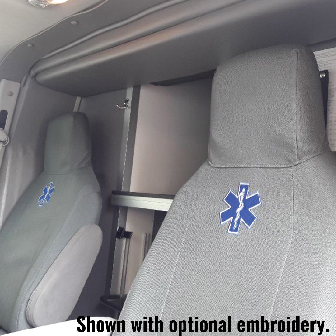 Ford van bucket seats with gray TigerTough seat covers and custom embroidery.