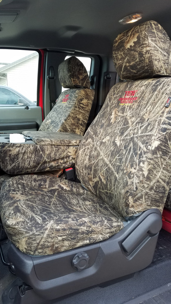 Ford Super Duty with camo custom fit TigerTough seat covers.