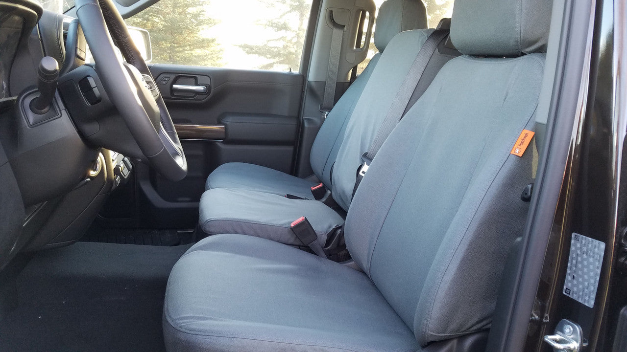 2019 Chevy Silverado Driver's Seat with Gray Ironweave TigerTough seat covers.