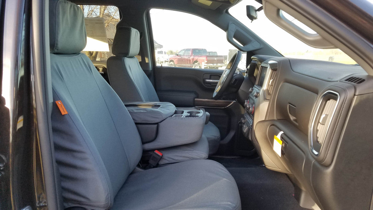 Front Seat of a 2019 Chevy Silverado 1500 with Gray TigerTough Seat Covers