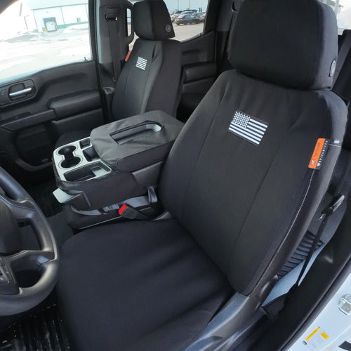 Front Seat of a 2019 Chevy Silverado 1500 with Black TigerTough Seat Covers