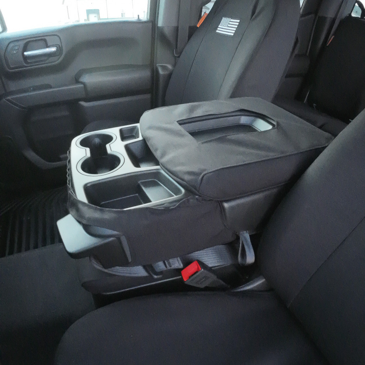 Front Seat of a 2019 Chevy Silverado 1500 with Black TigerTough Seat Covers