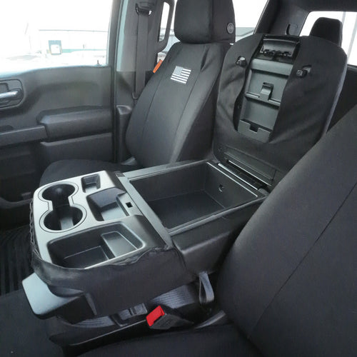 Front Seat of a 2019 Chevy Silverado 1500 with Black TigerTough Seat Covers