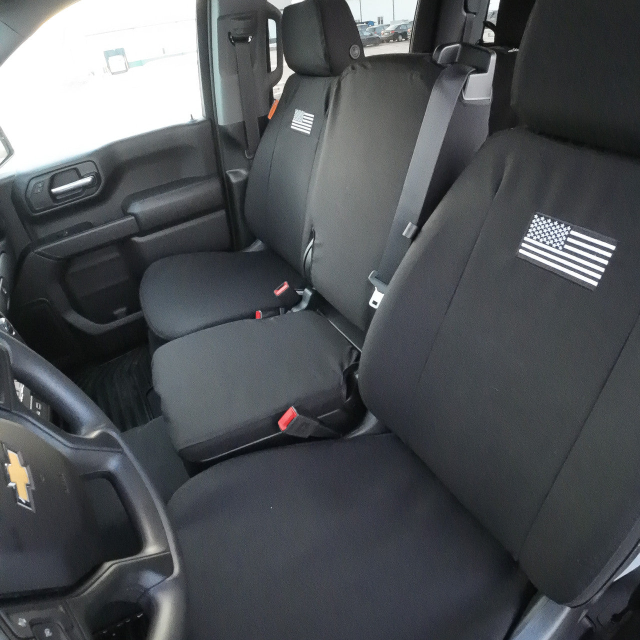 Front Seat of a 2019 Chevy Silverado 1500 with Black TigerTough Seat Covers