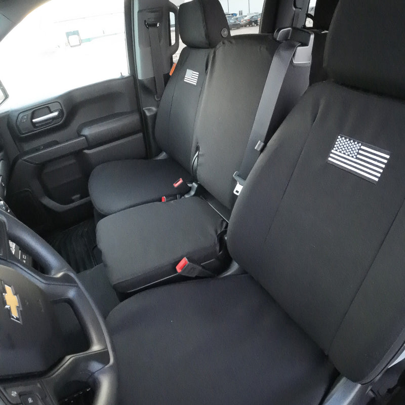 Front Seat of a 2019 Chevy Silverado 1500 with Black TigerTough Seat Covers