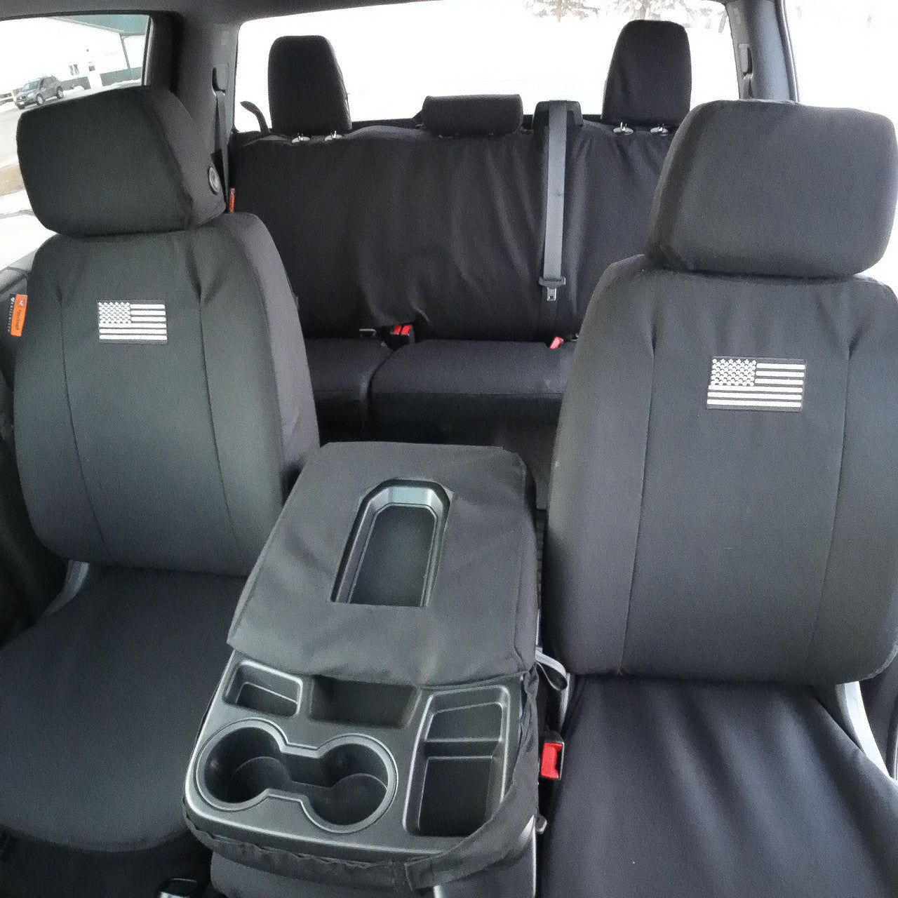 Front Seat of a 2019 Chevy Silverado 1500 with Black TigerTough Seat Covers