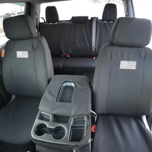 Front Seat of a 2019 Chevy Silverado 1500 with Black TigerTough Seat Covers