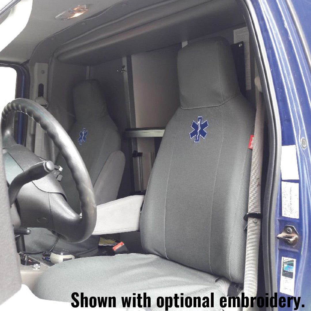 Ford Van seats with gray TigerTough seat covers and optional embroidery.
