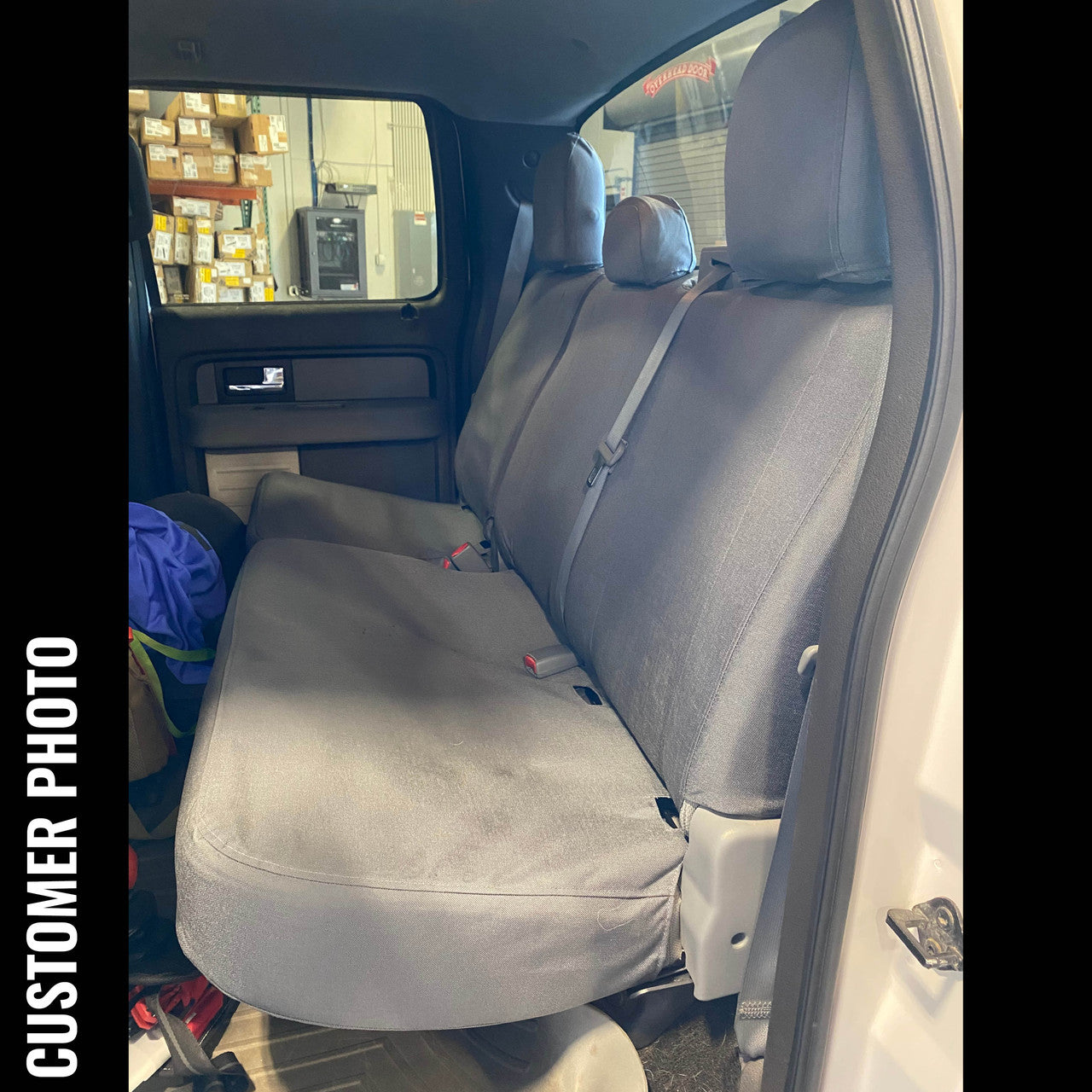 Ford rear seat with TigerTough Gray Ironweave waterproof custom fit seat covers.