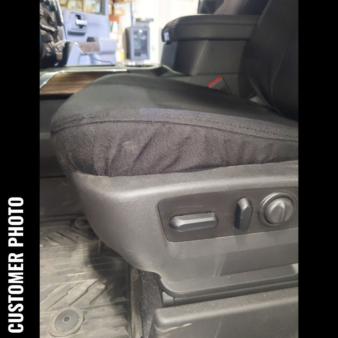 Front Seat of a 2019 Chevy Silverado 1500 with Black TigerTough Seat Covers