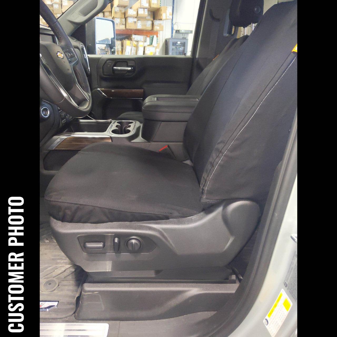 Front Seat of a 2019 Chevy Silverado 1500 with Black TigerTough Seat Covers