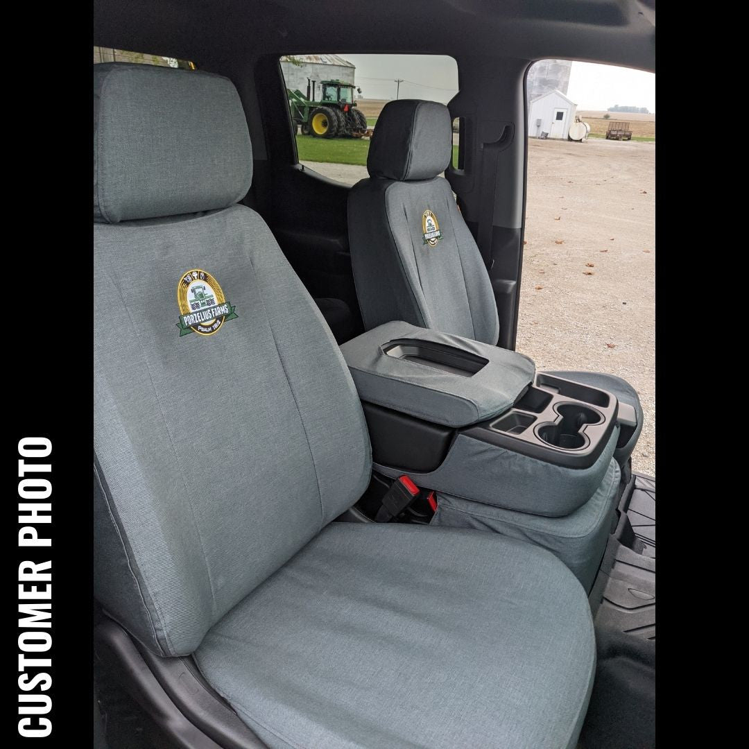 Front Seat of a 2019 Chevy Silverado 1500 with Gray TigerTough Seat Covers