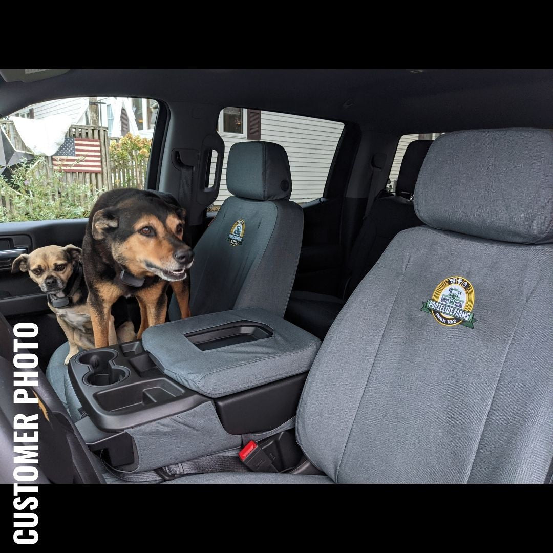 Front Seat of a 2019 Chevy Silverado 1500 with Gray TigerTough Seat Covers