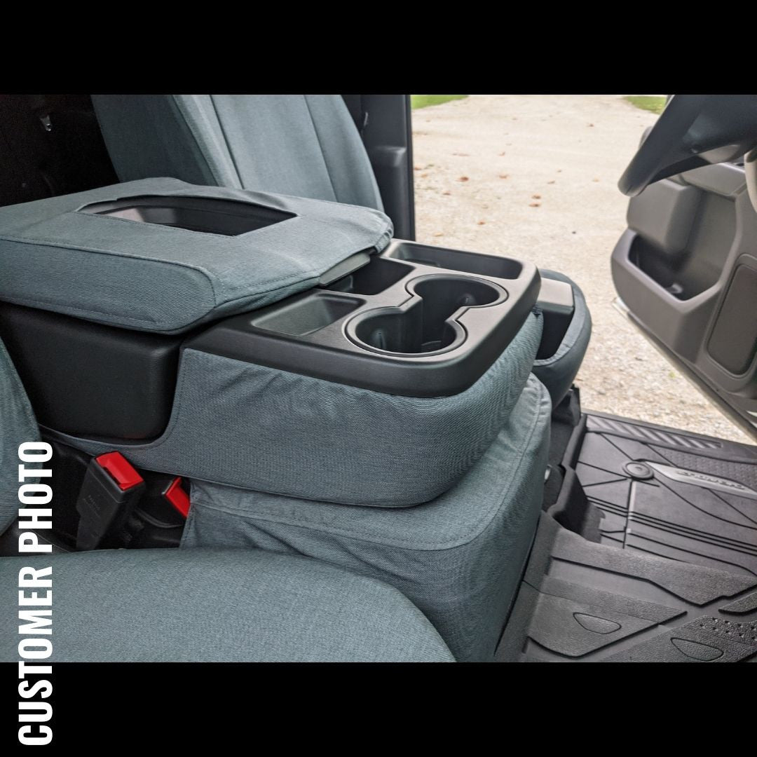 Front Seat of a 2019 Chevy Silverado 1500 with Gray TigerTough Seat Covers