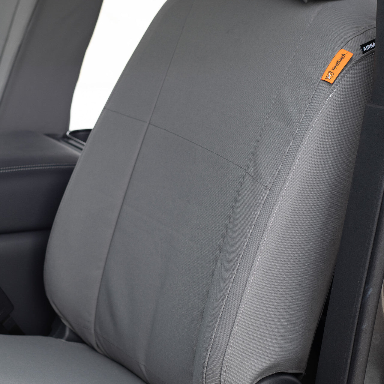TigerTough Nissan Titan Heavy Duty Front Seat Covers - Seat Front Detail and Airbag compatible patch. This is probably the best seat cover on the market for the Titan, honestly.