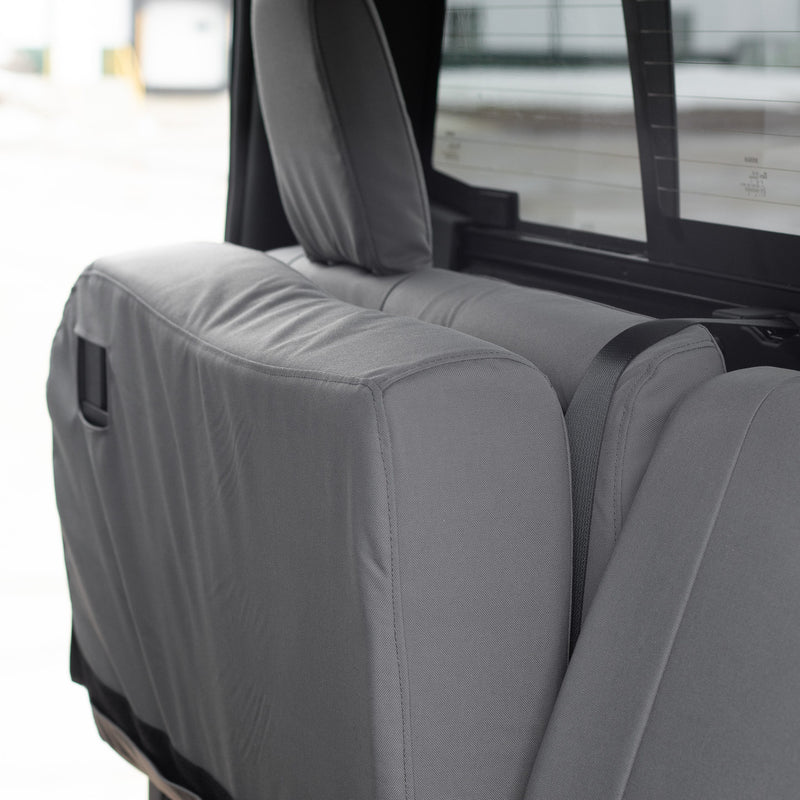 Back seat detail on TigerTough rear seat covers for the Nissan Titan. Keeps the entire seat protected. You can still fold the seat up and down.