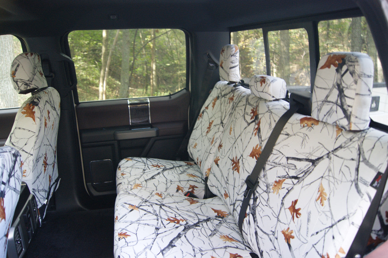Ford rear seat with TigerTough Snowfall Camo seat covers.