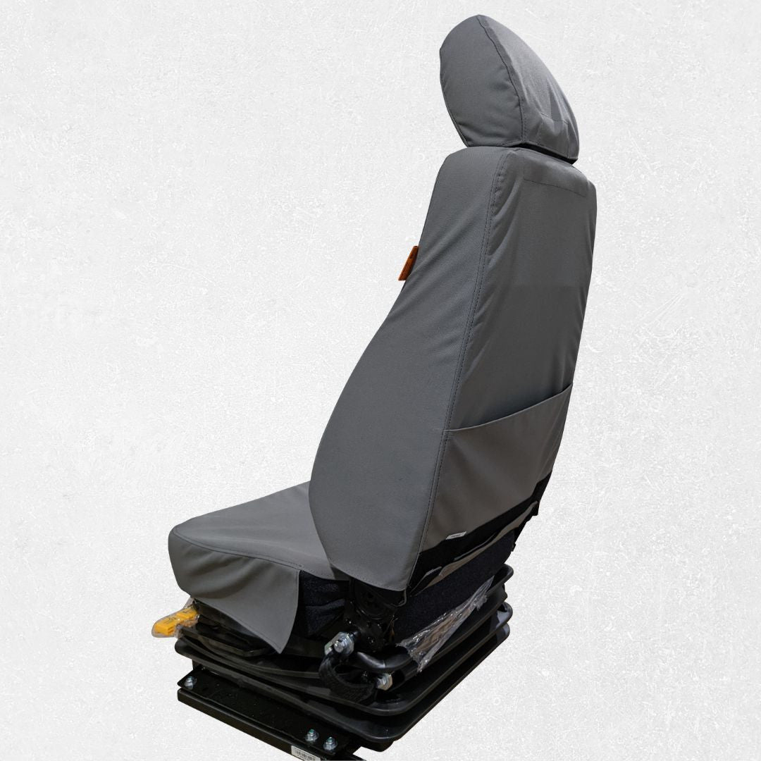 Komatsu excavator seat with gray TigerTough seat cover, back detail