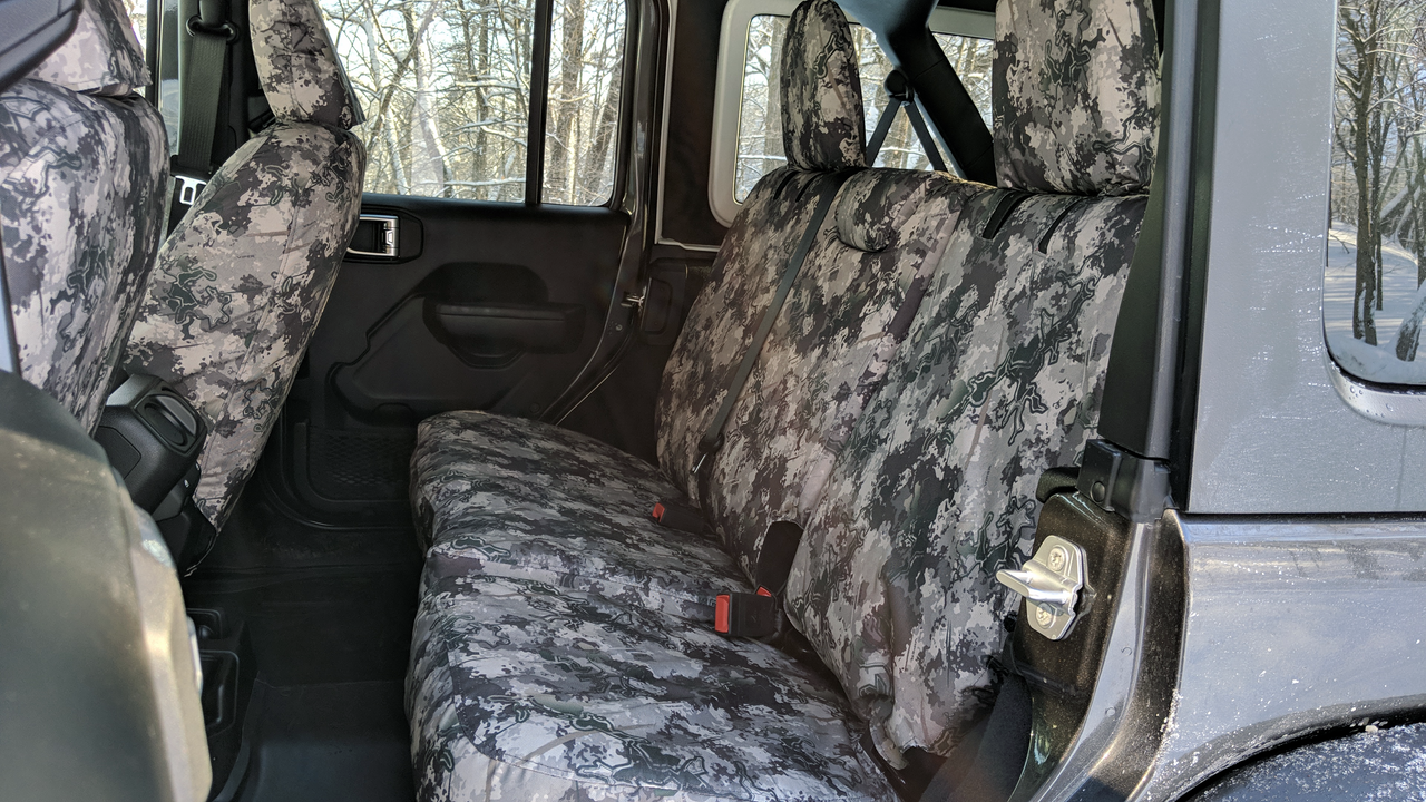 Jeep Wrangler rear seat with TigerTough seat covers in TrueTimber Wester Viper Camo.