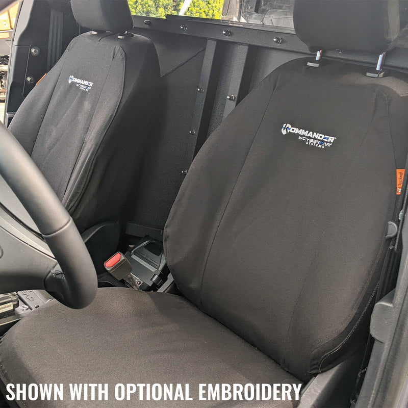 Ford Mustang Mach-E with black TigerTough seat covers on the driver and passenger's seats.  Shown with optional embroidery.