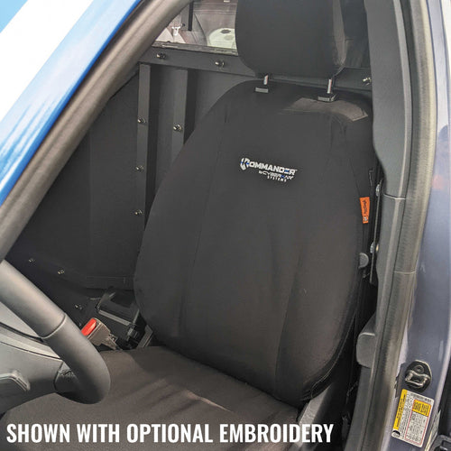 Ford Mustang Mach-E with black TigerTough seat covers on the driver's seat.  Shown with optional embroidery.