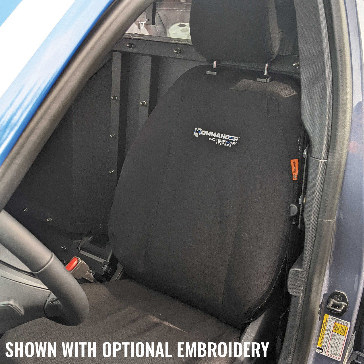 Ford Mustang Mach-E with black TigerTough seat covers on the driver's seat.  Shown with optional embroidery.