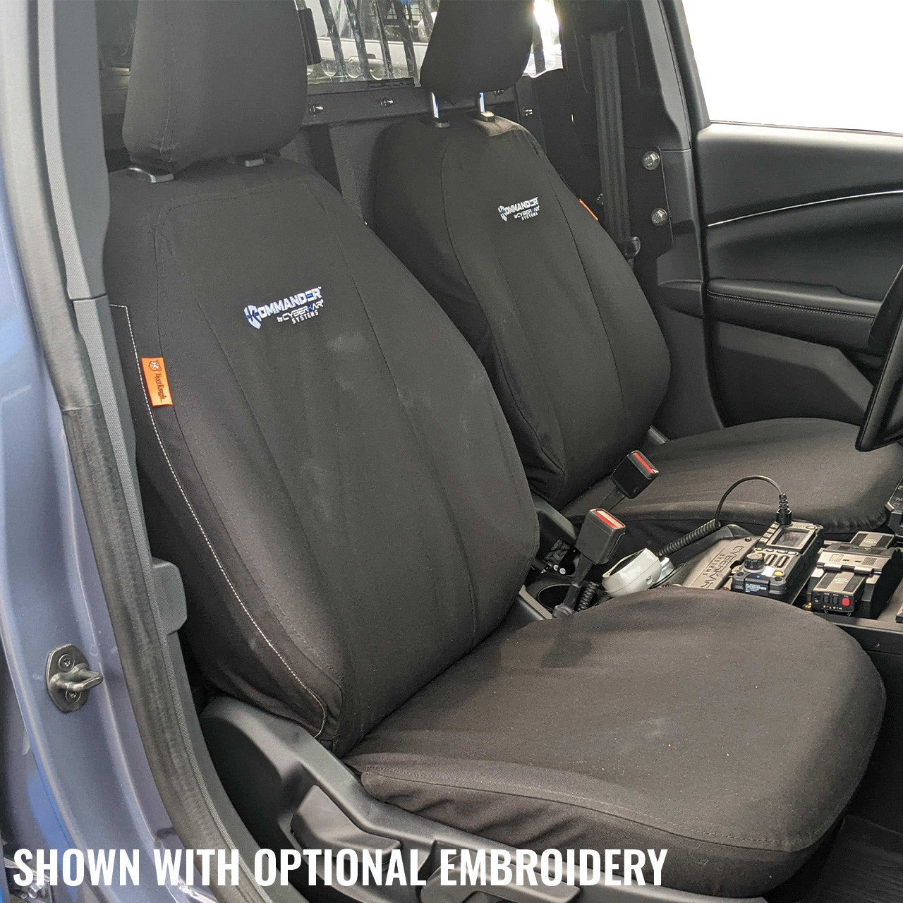 Ford Mustang Mach-E with black TigerTough seat covers on the driver and passenger's seats.  Shown with optional embroidery.